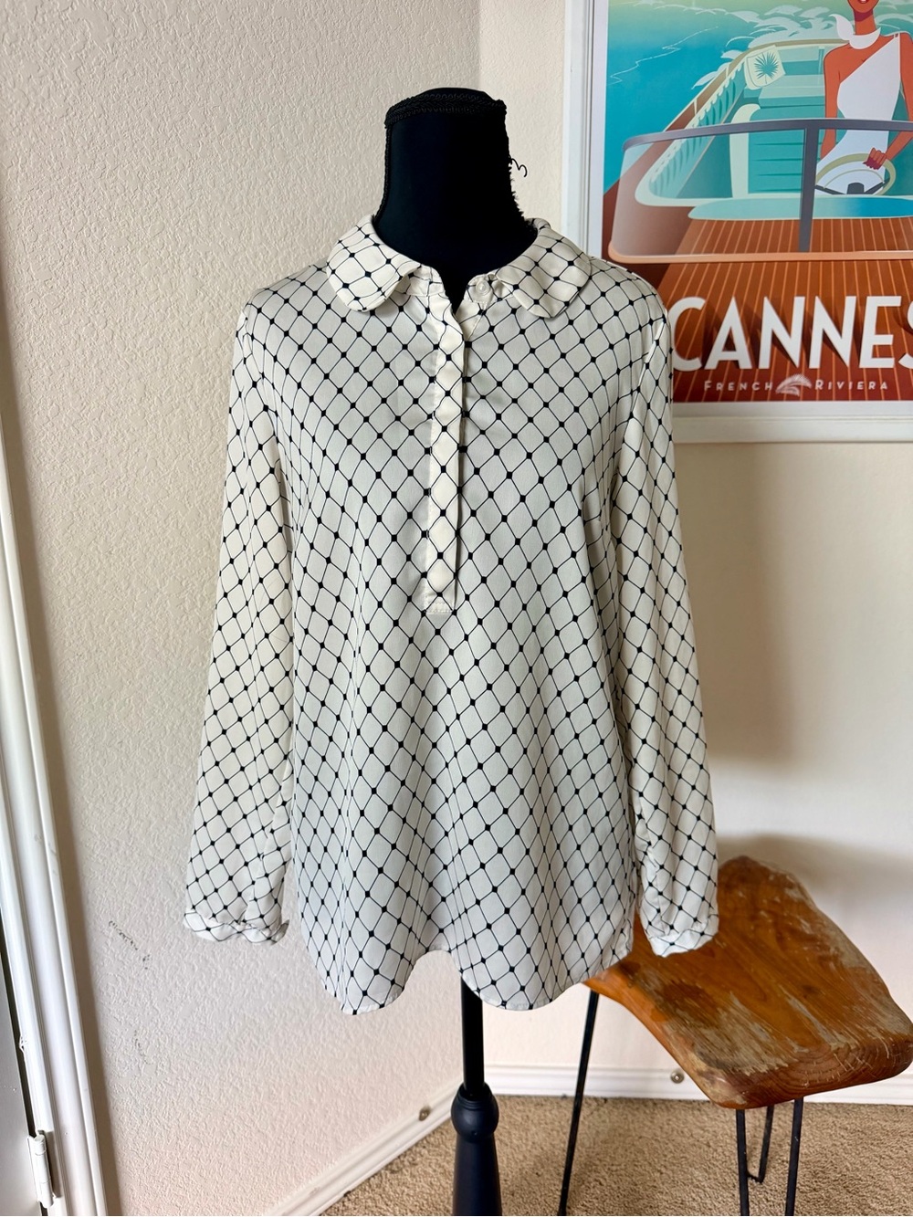 J. Crew Ivory Blouse with Black Grid Print